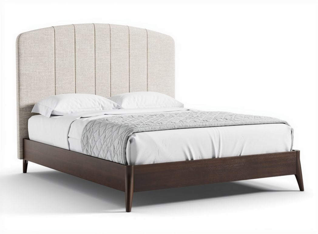 Lit double avec tête de lit rembourrée pour chambre - bois et tissu - 200 x 160 x 100cm