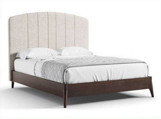 Lit double avec tête de lit rembourrée pour chambre - bois et tissu - 200 x 160 x 100cm